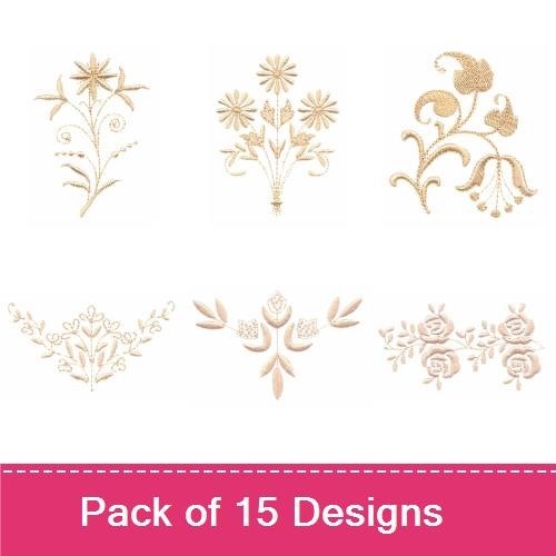 Floral Embroidery Designs Bundle – Vintage Floral Motif, Elegant Flower Spray, Flower Doodle & More (15 Designs)