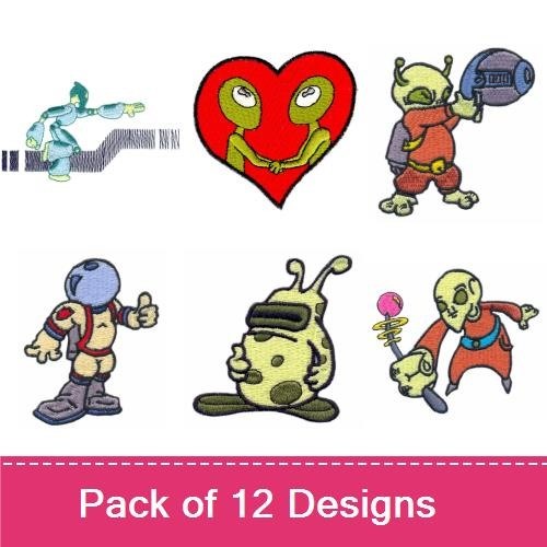 Alien & Space Characters Embroidery Designs Bundle – Alien with Gun, Space Explorer, Alien in Spacesuit & More (12 Designs)
