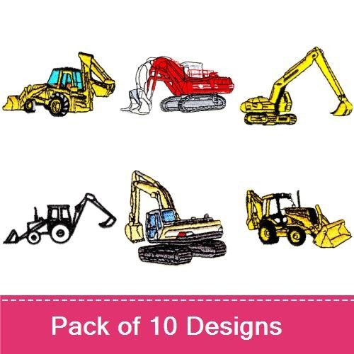 Construction Vehicles Embroidery Bundle – Backhoe Loader, Excavator, Bulldozer, Dump Truck & More (10 Designs)