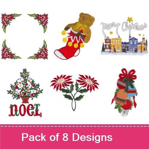 Christmas Stocking & Poinsettia Embroidery Designs Bundle – Teddy Bear, Wreath, Winter Village & More (8 Designs)