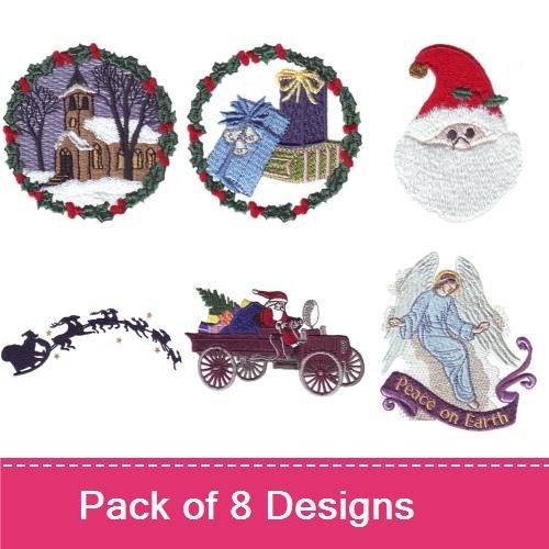 Classic Christmas Embroidery Designs Bundle – Church in Snowy Wreath, Santa Face, Holly Wreath & More (8 Designs)
