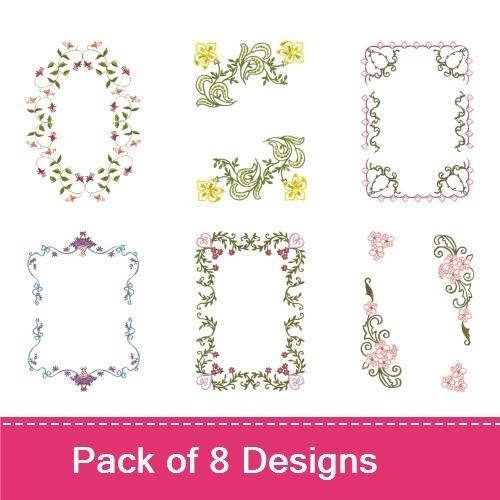 Floral Frame Embroidery Designs Bundle – Pink Flowers, Green Leaves, Lattice Frame & More (8 Designs)