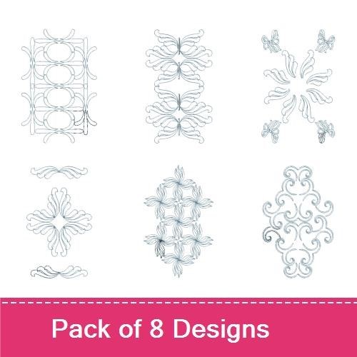 Bluework Floral Embroidery Bundle – Floral Border, Ornate Floral Design, Scrollwork with Flowers & More (8 Designs)