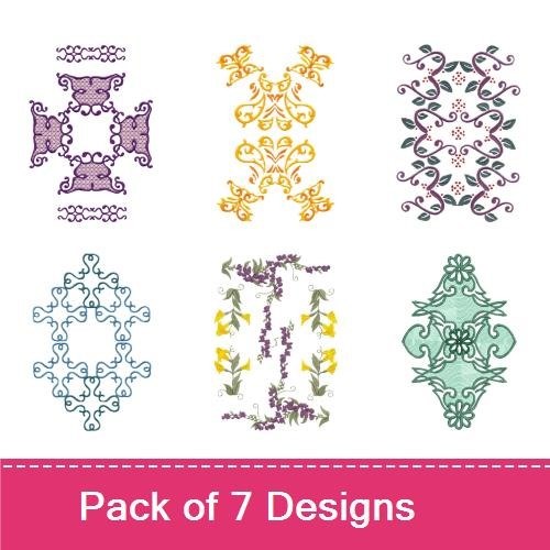 Floral Embellishment Embroidery Bundle – Floral Motif with Swirls, Ornate Floral Corner, Floral Cross Design & More (7 Designs)