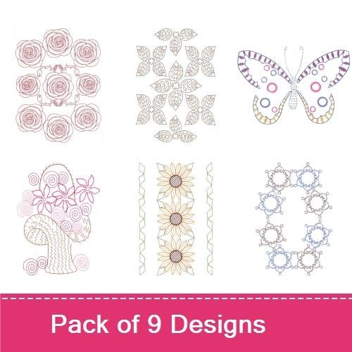 Redwork Floral & Nature Embroidery Bundle – Rose Cluster, Butterfly Design, Ornamental Patterns & More (9 Designs)