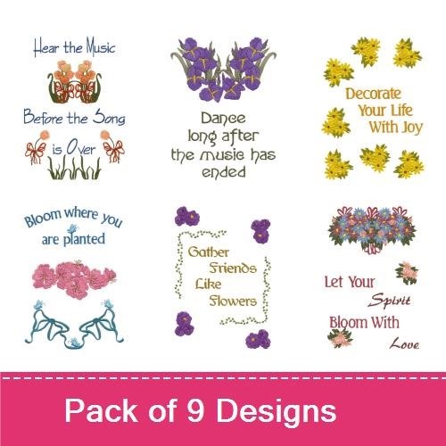 Floral Quotes Embroidery Designs Bundle – Dance Long After the Music, Bloom Where You Are Planted, & More (9 Designs)