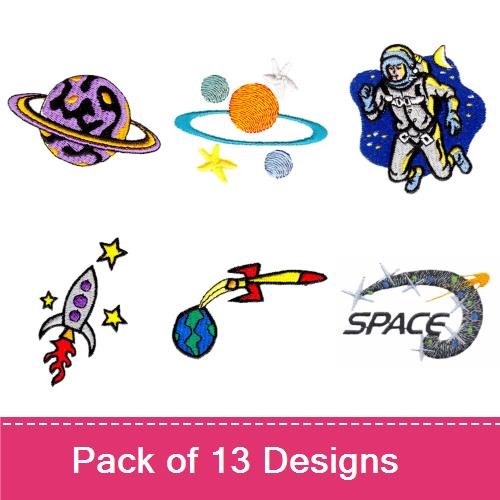 Space Adventure Embroidery Designs Bundle – Rocket Ship, UFO, Alien Character & More (13 Designs)