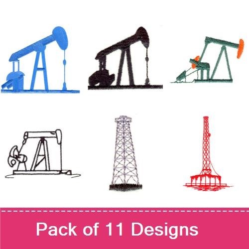 Oil Industry Embroidery Designs Bundle – Oil Pump Jack, Drilling Tower, Offshore Platform & More (11 Designs)