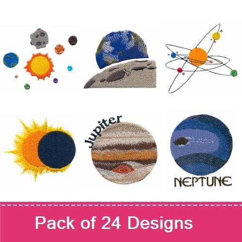 Solar System Embroidery Bundle – Sun, Planets, Eclipses & More (24 Designs)