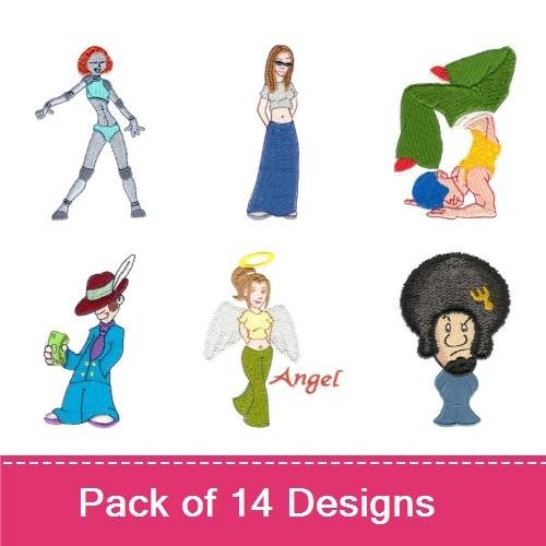 Cartoon Characters Embroidery Designs Bundle – Cool Girl with Glasses, Robot Character, Headstand Boy & More (14 Designs)