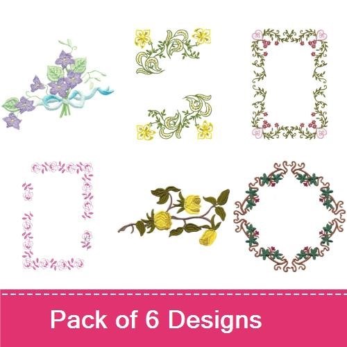 Floral Embellishments Embroidery Bundle – Floral Frame with Hearts, Yellow Rose Bouquet, Floral Border with Flowers & More (6 Designs)