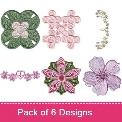 Delicate Floral Embroidery Designs Bundle – Pink Flower, Green Floral Cluster, Heart Floral Connection & More (6 Designs)