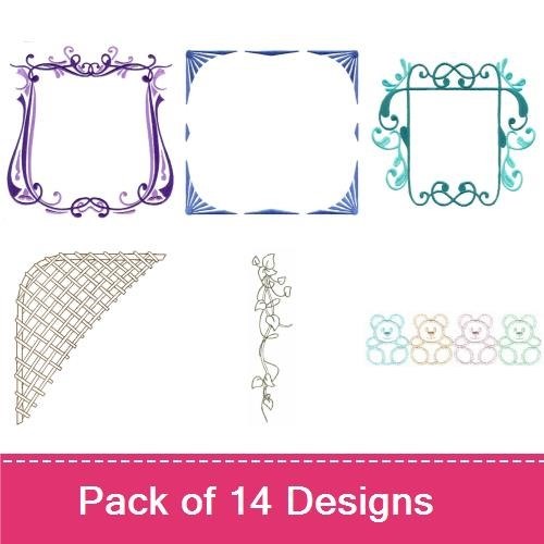 Elegant Frames & Borders Embroidery Bundle – Simple Frame with Bears, Floral Vine Frame, Lace Frame & More (14 Designs)