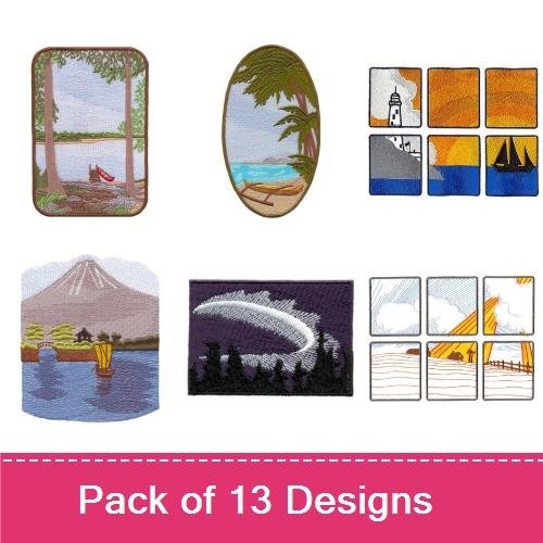 Scenic Landscape Embroidery Bundle – Lakeside View, Mountain Cabin, Desert Sunset & More (13 Designs)