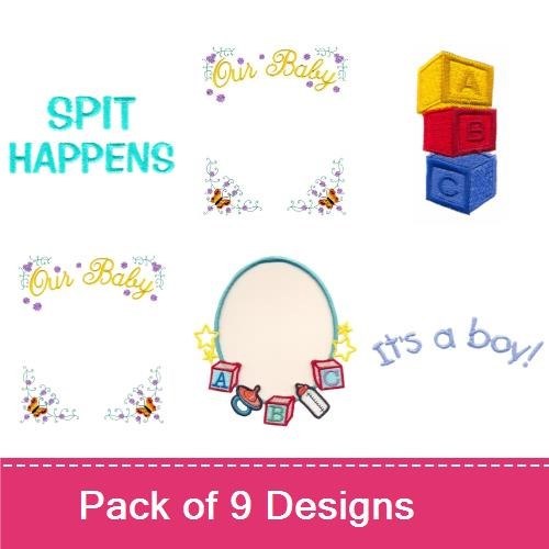Cute Baby and Newborn Embroidery Designs Bundle – Spit Happens, Stork, Baby Blocks & More (9 Designs)