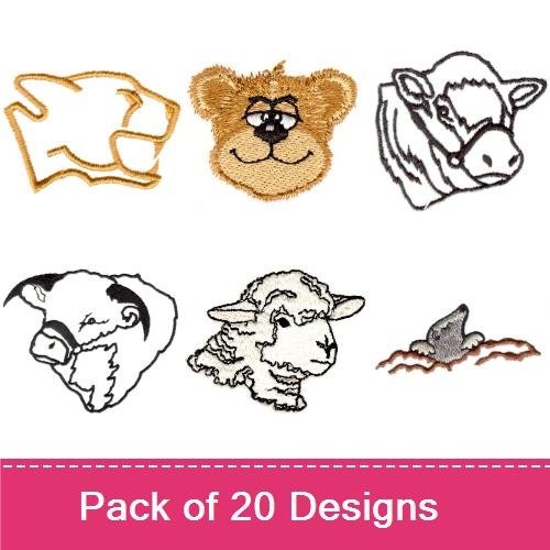 Lion, Cow & Pig Embroidery Bundle – Animal Faces (20 Designs)