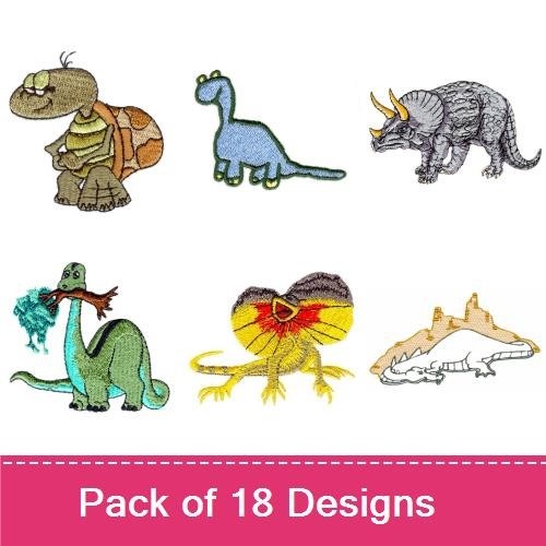 Cute Reptiles & Amphibians Embroidery Designs Bundle – Triceratops, Turtle, Dinosaur with Hat & More (18 Designs)