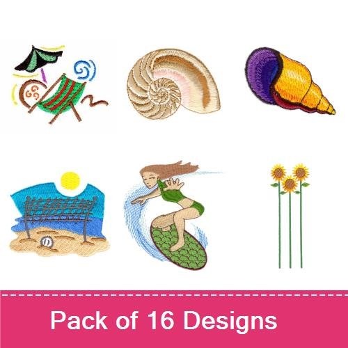 Beach and Summer Embroidery Designs Bundle – Nautilus Shell, Sailboat, Sunglasses & More (16 Designs)