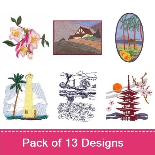 Asian Nature Embroidery Designs Bundle – Pagoda with Cherry Blossoms, Lotus Flower, Koi Fish & More (13 Designs)