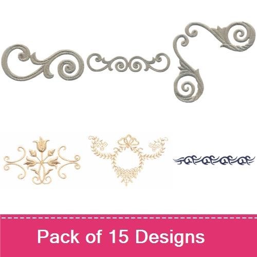Elegant Floral & Scroll Embroidery Designs Bundle – Floral Wreath with Bow, Shield Floral Emblem & More (15 Designs)