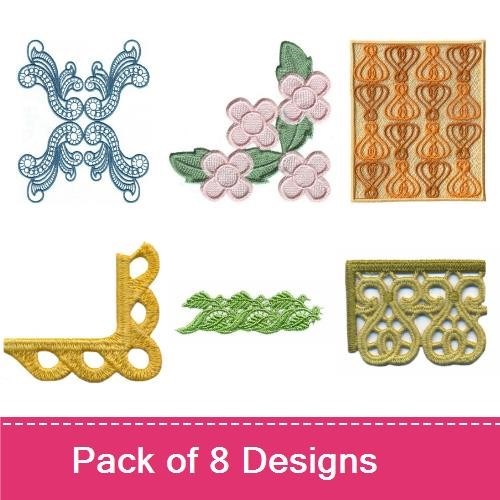 FSL Elegant Lace Embroidery Bundle – Leaf Lace Motif, Round Lace Motif, Pink Lace Trim & More (8 Designs)