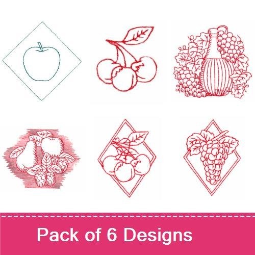 Redwork Vintage Fruit Embroidery Bundle – Cherry Cluster, Grapes, Pumpkin & More (6 Designs)