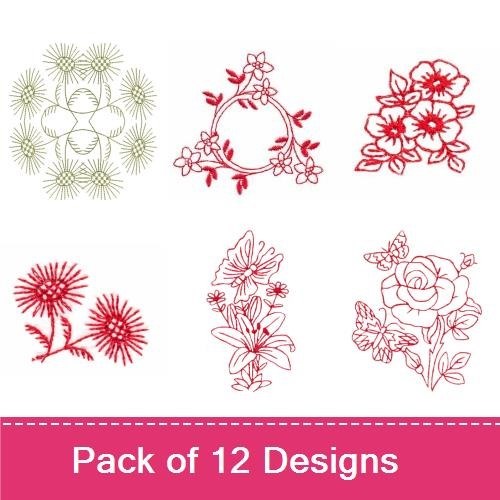 Redwork Vintage Floral Embroidery Designs Bundle – Floral Pot Arrangement, Heart Bouquet & More (12 Designs)
