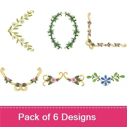 Floral Embellishments Embroidery Bundle – Blue Floral Accent, Green Floral Wreath, Floral Border with Pink Flowers & More (6 Designs)