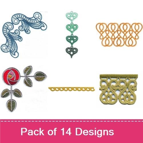FSL Elegant Floral & Lace Embroidery Bundle – Lace Flower, Rose with Stem, Floral Vine & More (14 Designs)