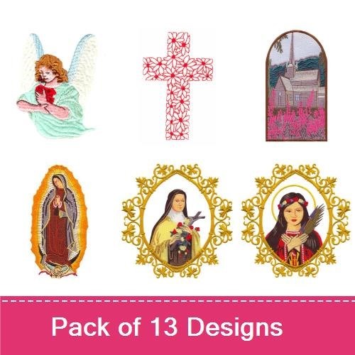 Religious and Floral Embroidery Designs Bundle – Religious Figure with Flowers, Ornate Floral Cross, & More (13 Designs)
