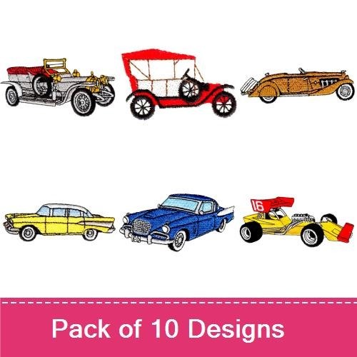 Classic Car Embroidery Designs Bundle – Vintage Car with Red Seats, Classic Red Convertible, Orange Sports Car & More (10 Designs)