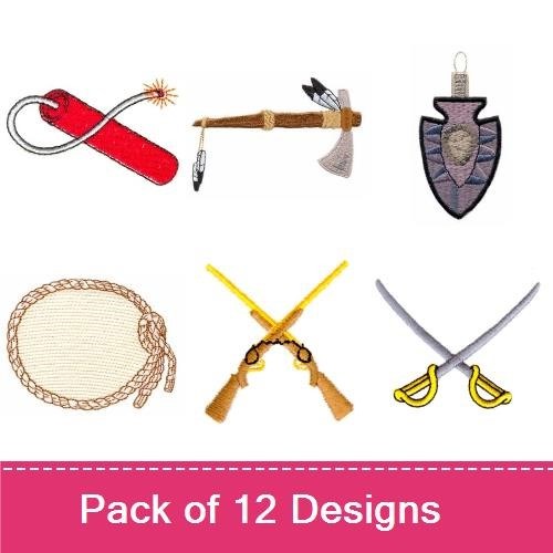 Historical Weapons & Symbols Embroidery Bundle – Crossed Pistols, Swords, Shields & More (12 Designs)