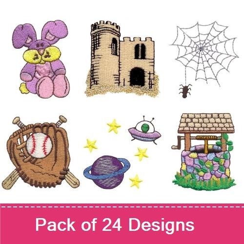 Bunny, Castle & Baseball Embroidery Bundle – Fun Designs (24 Designs)