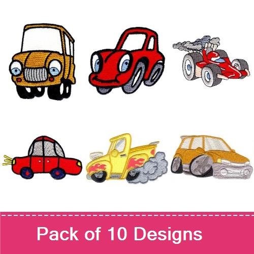 Cute Cartoon Vehicles Embroidery Designs Bundle – Red Cartoon Car, Scooter, Race Car & More (10 Designs)