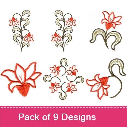 Floral Embroidery Designs Bundle – Floral Stem with Orange Blooms, Curved Floral Design, Single Floral Blossom & More (9 Designs)