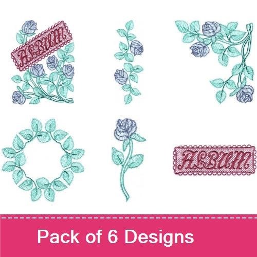 Floral Embellishments Embroidery Bundle – Blue Rose Bouquet, Floral Vine, Rose Wreath & More (6 Designs)