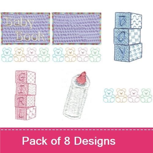 Baby Essentials Embroidery Designs Bundle – Baby Book, Teddy Bear, Baby Blocks & More (8 Designs)