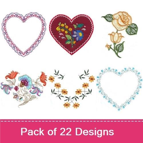 Romantic Heart Embroidery Bundle – Flower Heart, Floral Heart with Bow, Lace Heart & More (22 Designs)