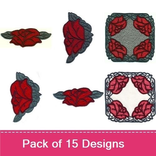 Elegant Red Rose Embroidery Designs Bundle – Corner Embellishment, Frame, Vertical Design & More (15 Designs)