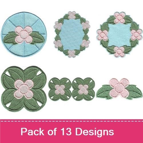 Delicate Pink Floral Embroidery Bundle – Pink Flower Cluster, Floral Frame, Green Leaf Cluster & More (13 Designs)