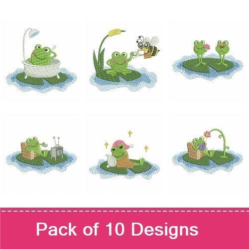 Playful Frog Embroidery Designs Bundle – Frog Catching Fly, Frog on Lily Pad, Frog Riding Turtle & More (10 Designs)