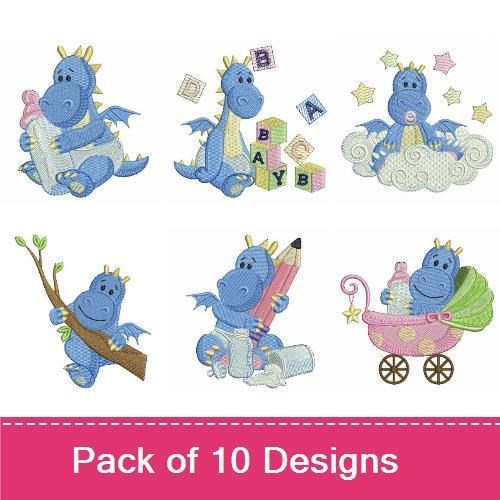 Cute Baby Dragon Embroidery Bundle – Baby Dragon with Bottle, Baby Dragon in Egg, Baby Dragon Flying & More (10 Designs)