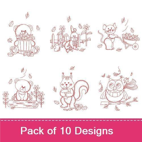 Redwork Autumn Woodland Animals Embroidery Designs Bundle – Bear with Leaves, Squirrel with Acorn, Owl in Leaves & More (10 Designs)