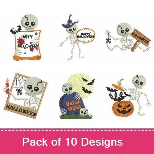 Cute Skeleton Halloween Embroidery Designs Bundle – Skeleton with Sign, Skeleton Witch, Happy Halloween Skeleton & More (10 Designs)
