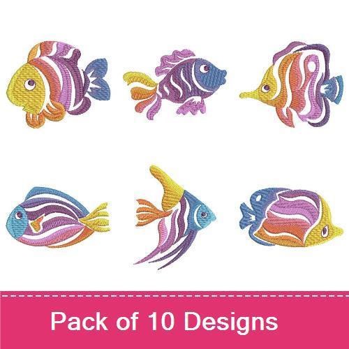 Colorful Tropical Fish Embroidery Designs Bundle – Clownfish, Tang Fish, Angelfish & More (10 Designs)
