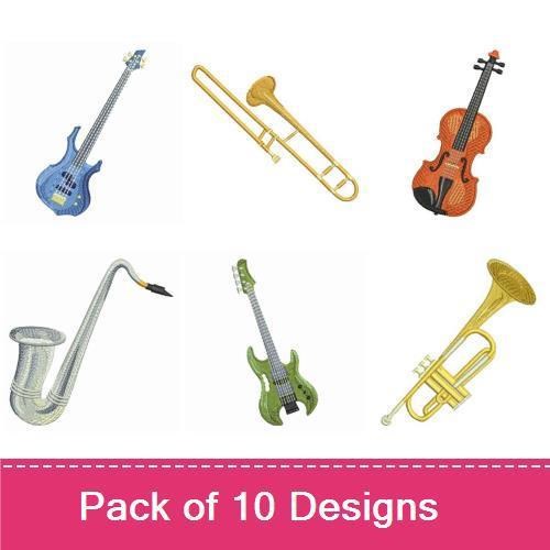 Musical Instruments Embroidery Designs Bundle – Violin, Electric Guitar, Trumpet & More (10 Designs)