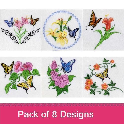 Butterflies & Floral Arrangements Embroidery Designs Bundle – Pink Floral Arrangement, Blue Butterfly on Flower, & More (8 Designs)