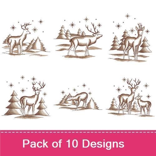 Redwork Rustic Reindeer Embroidery Bundle – Reindeer with Trees, Standing Reindeer, Reindeer in the Snow & More (10 Designs)