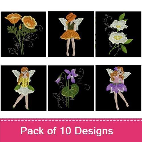 Fairy & Floral Embroidery Designs Bundle – Whimsical Fairy, Orange Flowers, Lily Blossom & More (10 Designs)