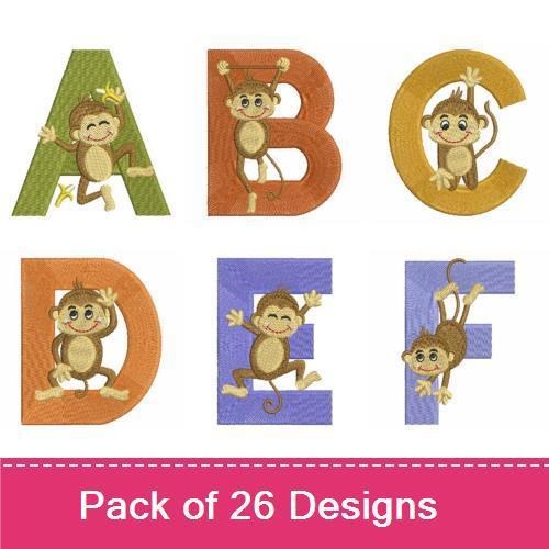 Playful Monkey Alphabet Embroidery Bundle – Monkey A, Monkey B, Monkey C & More (26 Designs)